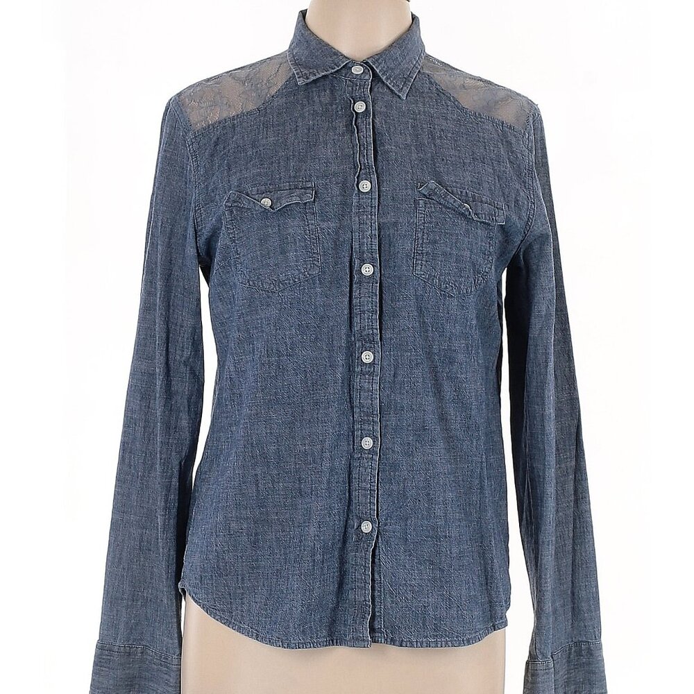 American Eagle Chambray Button Down Shirt with Lace Detail